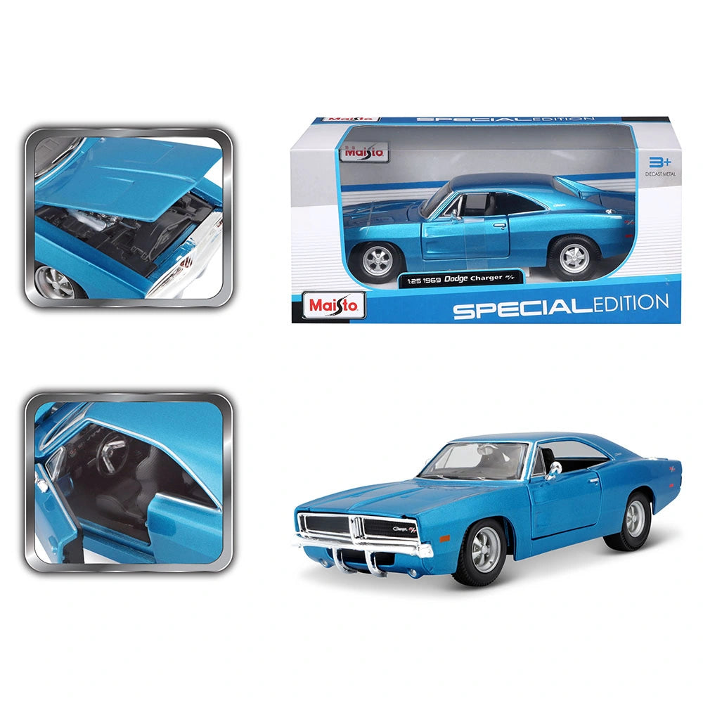 Maisto 1969 Dodge Charger R/T with packaging, open bonnet and interior detail views
