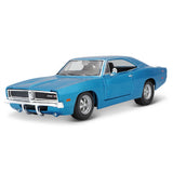 Maisto 1969 Dodge Charger R/T metallic blue model in close front three quarter view