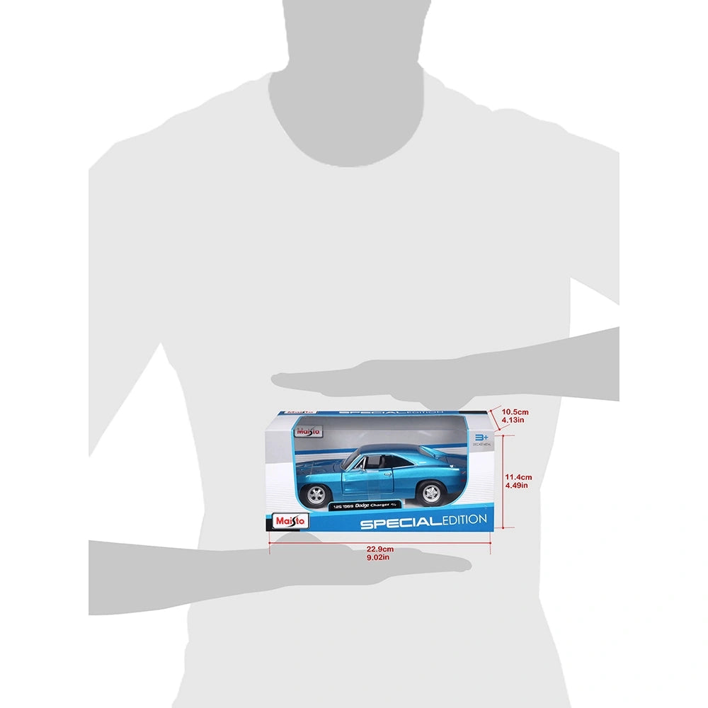 Maisto 1969 Dodge Charger R/T retail box with package dimensions and size reference