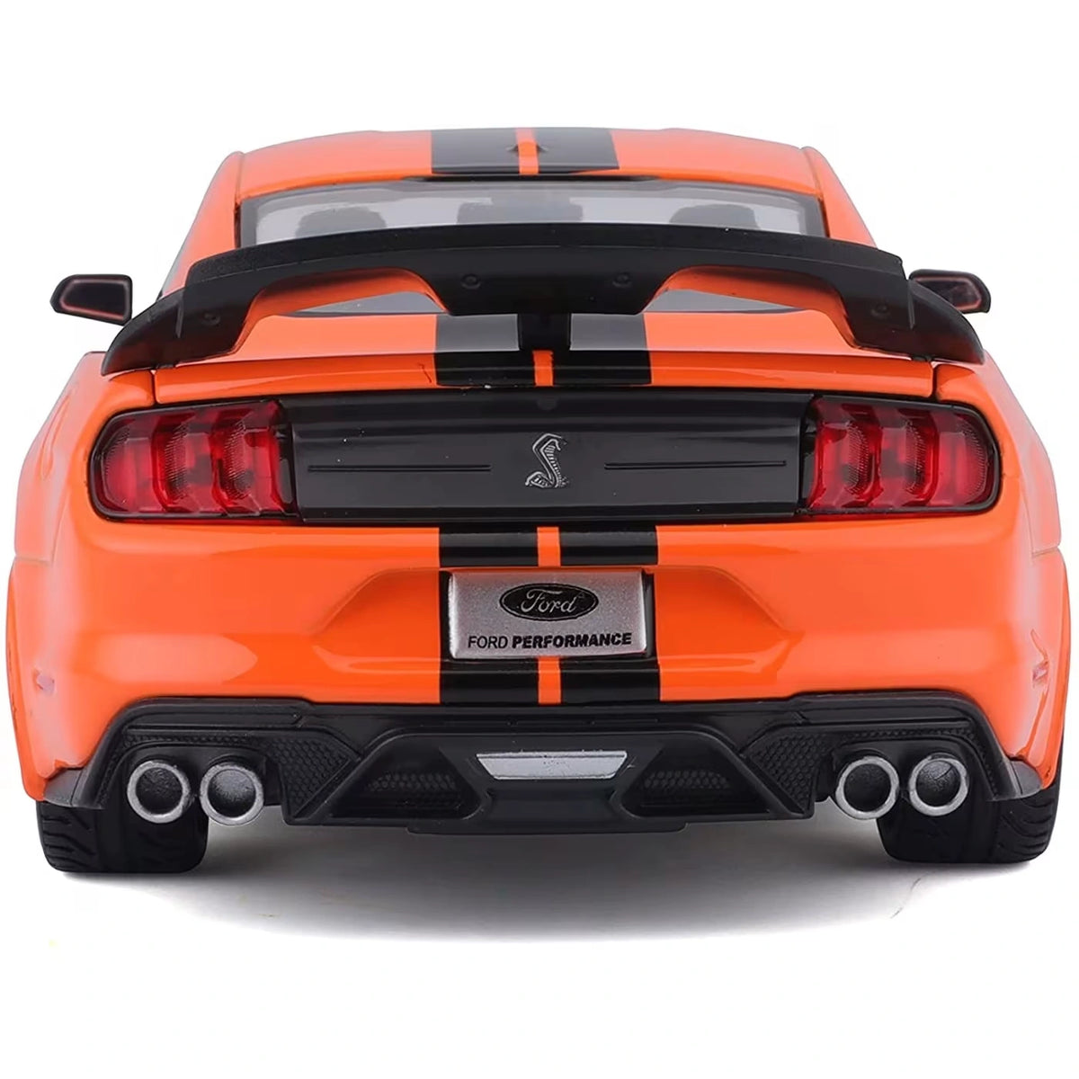 Maisto 2020 Ford Mustang Shelby GT500 rear view showing black racing stripes, rear spoiler and quad exhausts