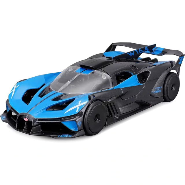 Maisto Bugatti Bolide Blue front three quarter view showing black wheels, blue accents and rear wing