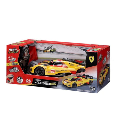 Maisto Tech Ferrari 499P remote control racing car in branded retail packaging, featuring the yellow Ferrari racing car and Maisto Tech graphics.