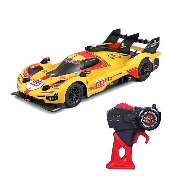 Maisto Tech 1:24 Ferrari 499P RC racing car in yellow Le Mans livery with its black steering wheel controller. Identical to the first supplied image.