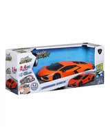 Angled view of the Maisto Tech Lamborghini Revuelto RC retail packaging, showing the orange car through the display window with 2.4GHz, USB charging and 1:24 scale markings.