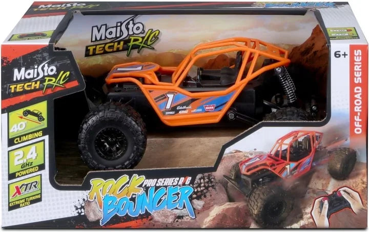 Maisto Tech Remote Control Rock Bouncer box showing orange off-road buggy with 2.4GHz and 40° climbing graphics in Ireland
