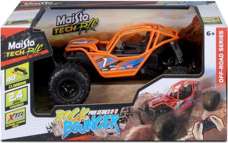 Maisto Tech Remote Control Rock Bouncer box showing orange off-road buggy with 2.4GHz and 40° climbing graphics in Ireland