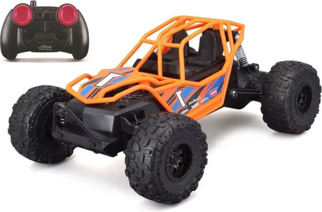 Orange and black Maisto Rock Bouncer remote control buggy with sturdy roll-cage frame, shown alongside its black 2.4GHz controller in Ireland