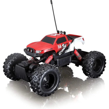 Bright-red and black Maisto Rock Crawler RC truck with number 14, red coil suspension and oversized off-road tyres in Ireland