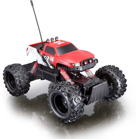 Red and black Maisto Rock Crawler RC truck angled to show number 14, red coil suspension and large tyres in Ireland
