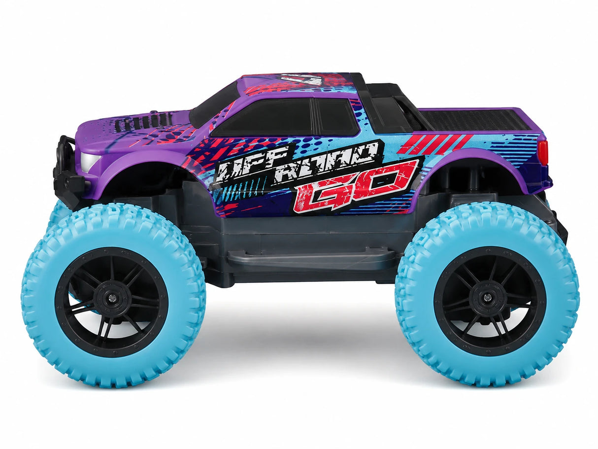 Maisto Tech Off Road Go purple RC truck with blue chunky tyres side view