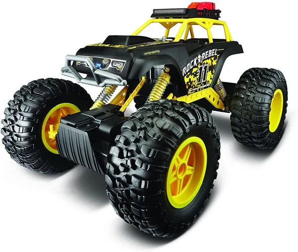Maisto Tech Rock Crawler remote control truck with black body, yellow wheels and chunky tyres