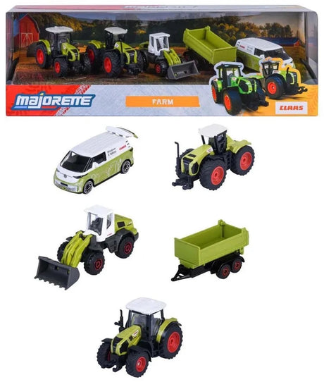 Majorette Claas Farm 5 Piece Giftpack retail box showing all five vehicles including tractors, loader, trailer and VW ID Buzz van