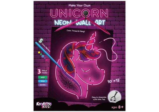 Box for the Make Your Own Unicorn Neon Wall Art kit showing the glowing unicorn design and included markers