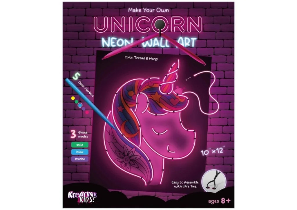 Unicorn Neon Wall Art kit box with the bright pink unicorn outline and markers shown against a dark brick styled background