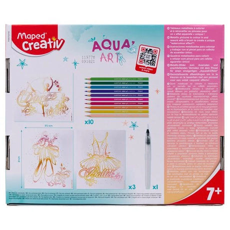 Maped Creativ Watercolour Aqua Art Dance back packaging showing Aqua pencils, illustrated sheets and water brush