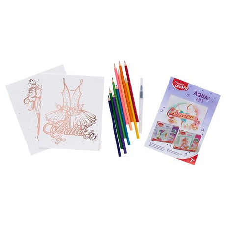Maped Creativ Watercolour Aqua Art Dance showing illustrated sheets, coloured pencils and product box