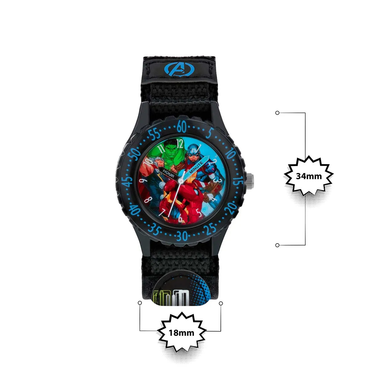 Marvel Avengers Time Teacher Watch dimensions showing 34 mm case width and 18 mm strap width