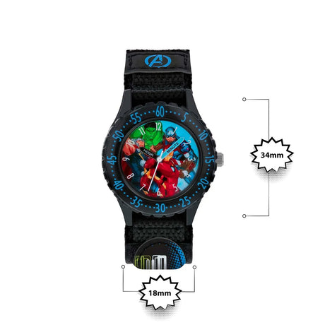 Marvel Avengers Time Teacher Watch dimensions showing 34 mm case width and 18 mm strap width