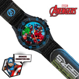 Marvel Avengers Time Teacher Watch close view showing the Avengers character dial, numbered bezel and black printed strap