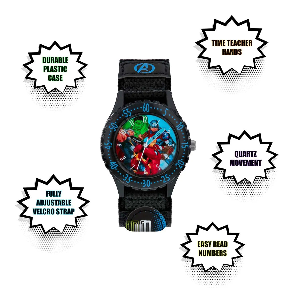 Marvel Avengers Time Teacher Watch showing easy read numbers, time teacher hands, quartz movement, plastic case and adjustable fabric strap