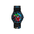 Marvel Avengers Time Teacher Watch front view with black fabric strap, blue numbered bezel and Avengers character dial