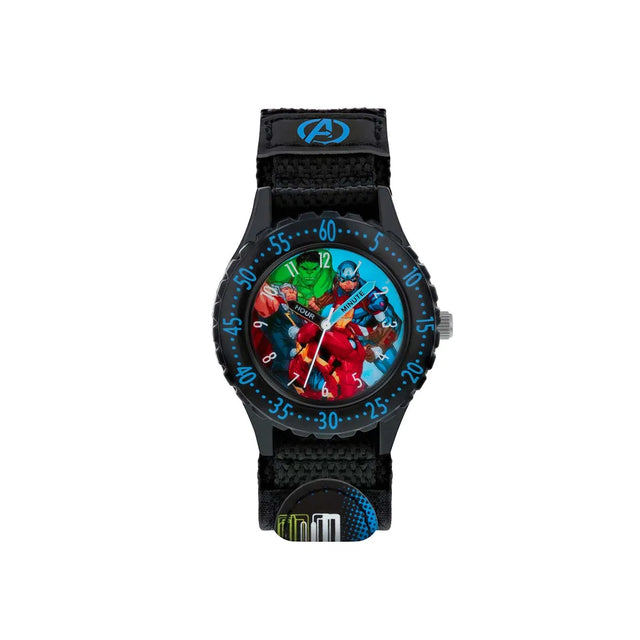 Marvel Avengers Time Teacher Watch front view with black fabric strap, blue numbered bezel and Avengers character dial