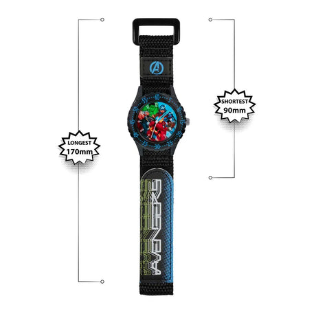Marvel Avengers Time Teacher Watch full strap view showing adjustable length from 90 mm to 170 mm