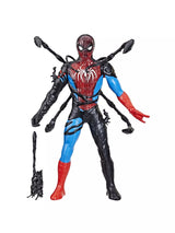 Hasbro Marvel Spider-Man Liquid Shifter action figure front view showing red, blue and black Venom symbiote suit, white spider logo and black symbiote tentacle accessories