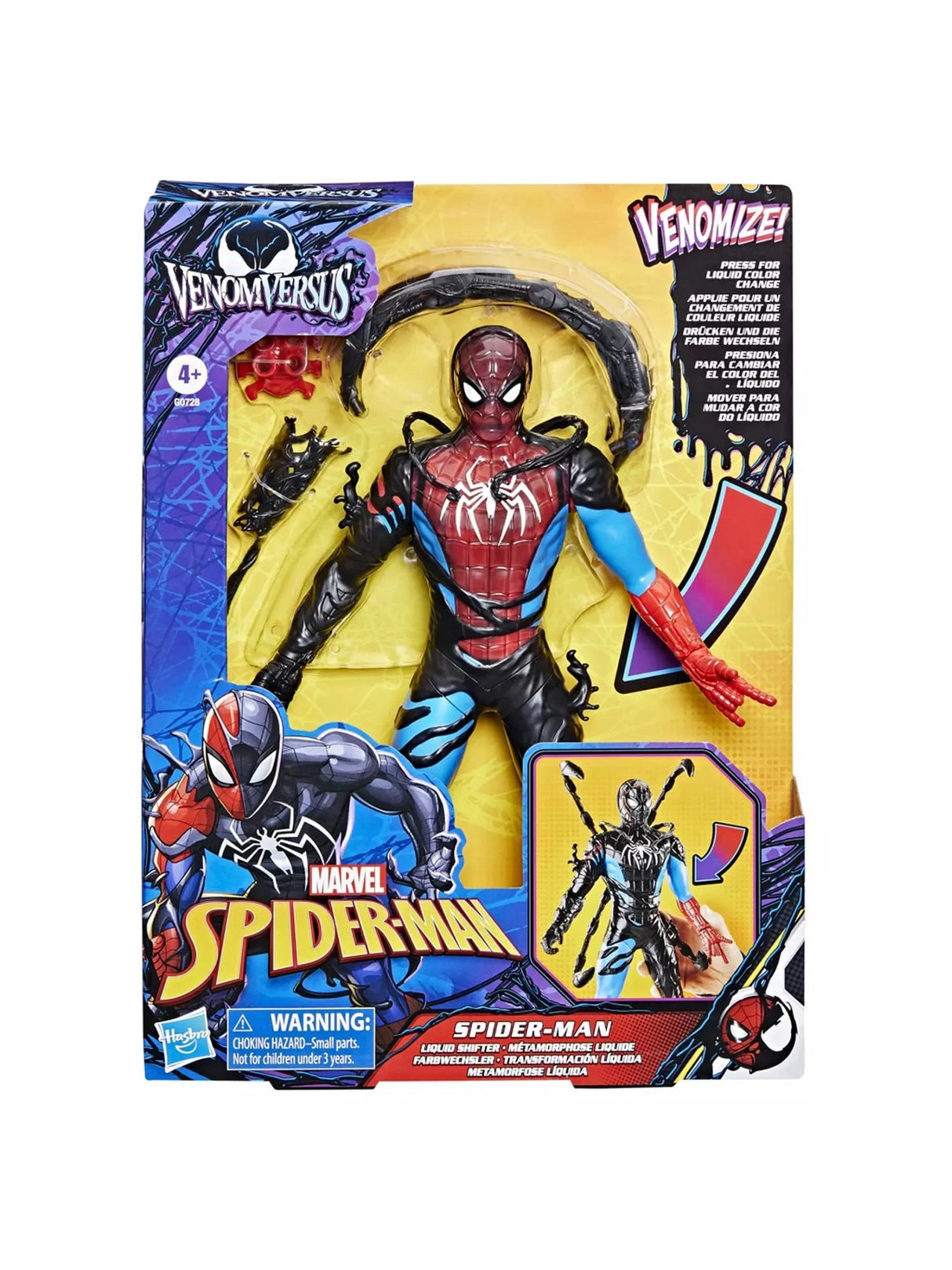 Hasbro Marvel Spider-Man Venom Versus Liquid Shifter figure in official packaging showing Venomize liquid colour change feature, age 4+ rating and included symbiote accessories