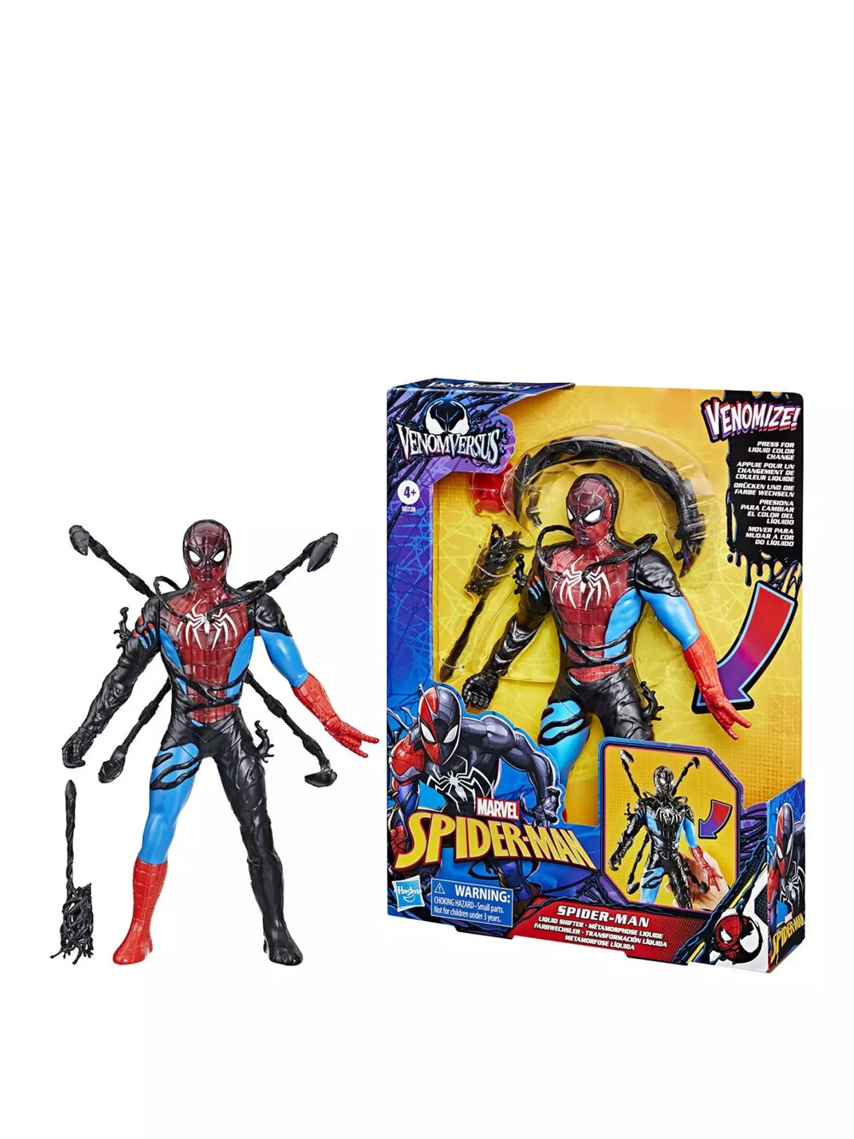 Hasbro Marvel Spider-Man Venom Versus Liquid Shifter action figure shown beside official packaging, displaying red and blue suit with black Venom symbiote detail and included accessories