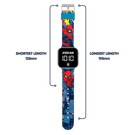 Marvel Spider-Man Printed LED Watch full strap view showing adjustable wrist fit from 135 mm to 195 mm