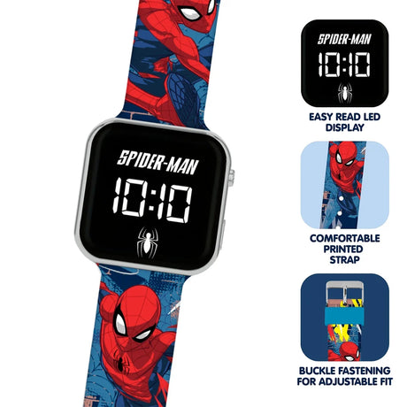 Marvel Spider-Man Printed LED Watch showing easy read LED display, printed strap and adjustable buckle fastening