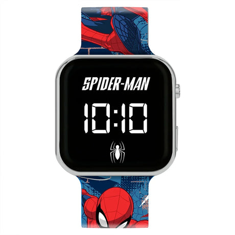 Marvel Spider-Man Printed LED Watch close-up with black digital face, white LED time display and red and blue Spider-Man printed strap 