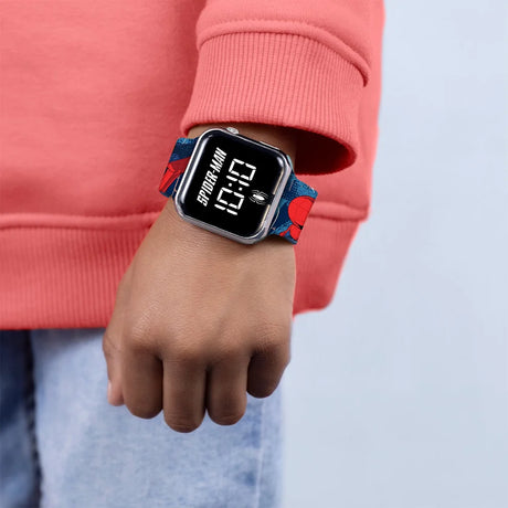 Marvel Spider-Man Printed LED Watch worn on the wrist with black LED display and red and blue Spider-Man printed strap