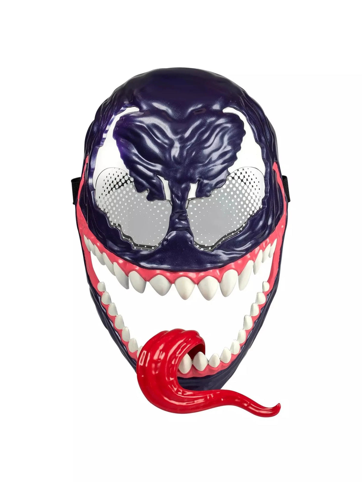 Close-up front view of the Hasbro Marvel Venom mask showing dark purple moulded detail, large mesh eye holes, white fang teeth and red curled tongue