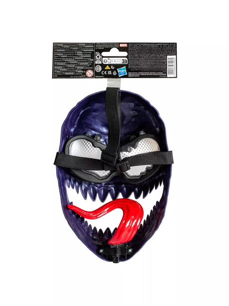Reverse of the Hasbro Marvel Venom mask showing adjustable black elastic straps, mesh eye lens detail and moulded red tongue from the interior side
