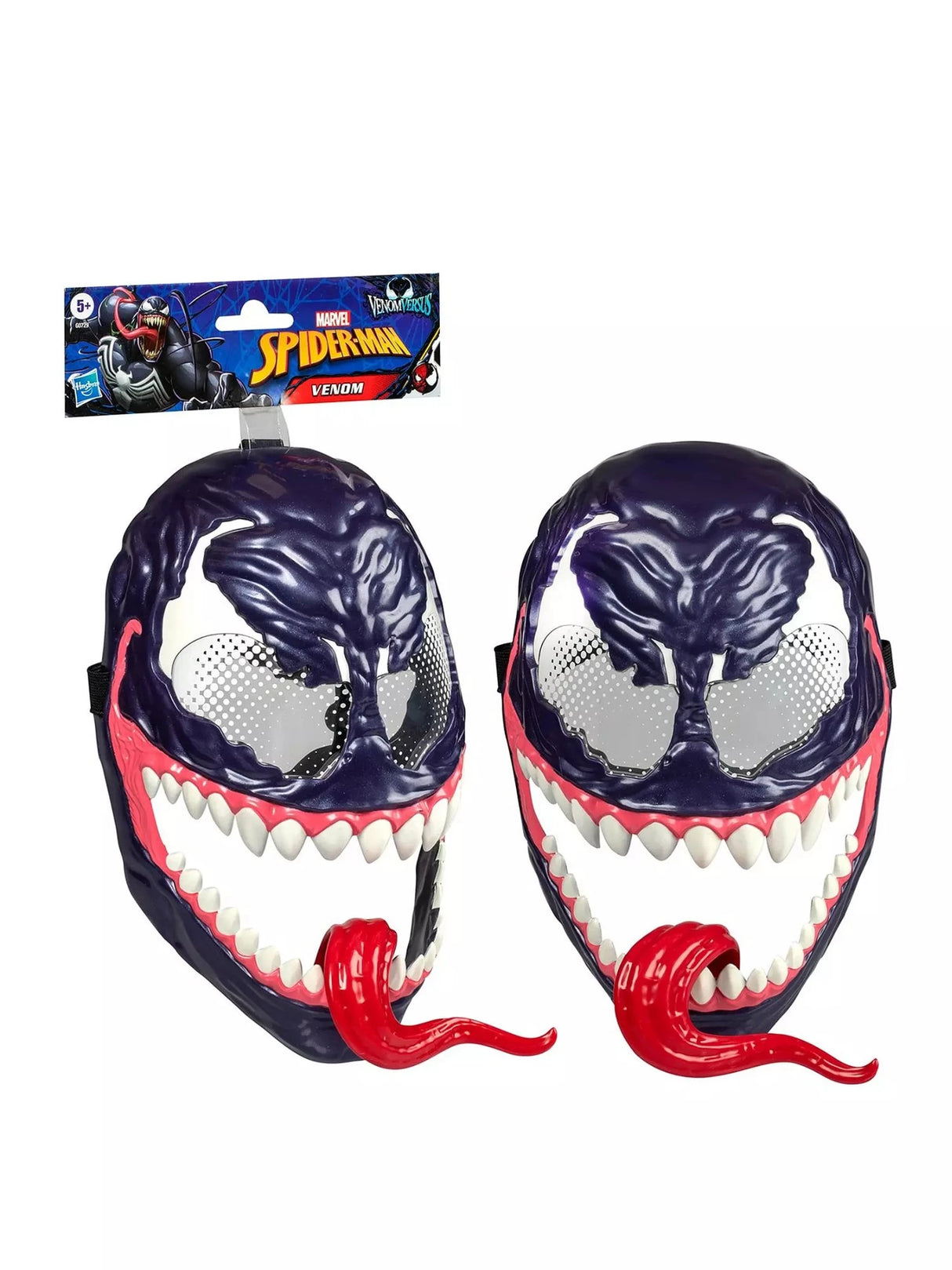Hasbro Marvel Spider-Man Venom Versus Venom mask shown from two angles with official header card, displaying dark purple finish, mesh eye holes, white teeth and red tongue