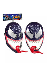 Hasbro Marvel Spider-Man Venom Versus Venom mask shown from two angles with official header card, displaying dark purple finish, mesh eye holes, white teeth and red tongue