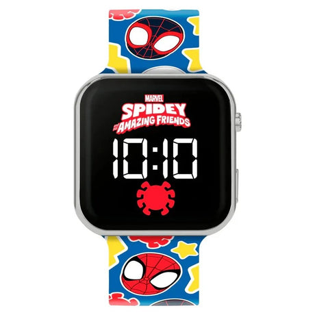 Marvel Spidey and His Amazing Friends LED watch front view with Spidey character dial and printed blue silicone strap