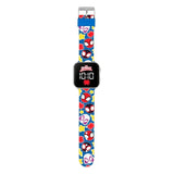 Marvel Spidey Amazing Friends LED watch showing full printed strap with Spidey, Miles Morales and Ghost-Spider characters