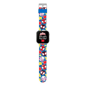 Marvel Spidey Amazing Friends LED watch showing full printed strap with Spidey, Miles Morales and Ghost-Spider characters