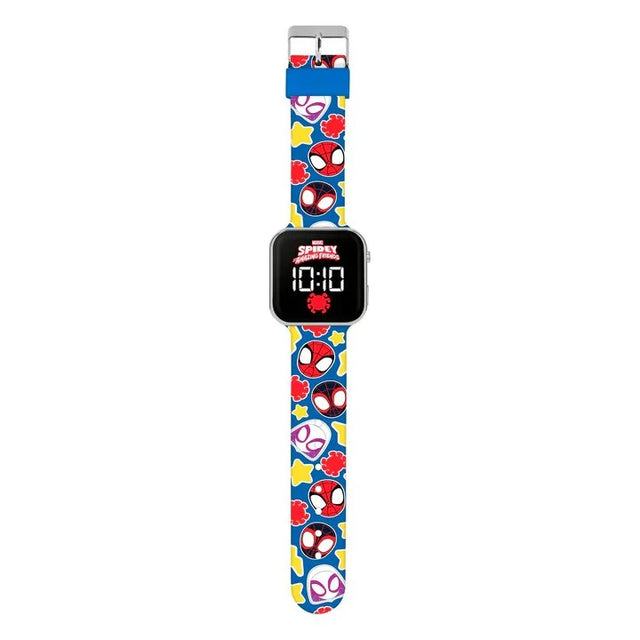 Marvel Spidey Amazing Friends LED watch showing full printed strap with Spidey, Miles Morales and Ghost-Spider characters
