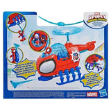 Rear view of Marvel Spidey and His Amazing Friends Team Spidey Copter packaging with play scenes and product images