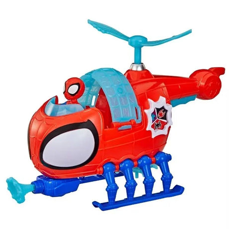 Close-up of Marvel Spidey and His Amazing Friends Team Spidey Copter showing red helicopter body with teal rotor blades, spider emblem detail and blue landing skids