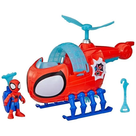 Marvel Spidey and His Amazing Friends Team Spidey Copter red and blue helicopter toy with Spider-Man figure and web hook accessory on white background