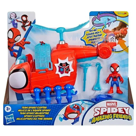 Marvel Spidey and His Amazing Friends Team Spidey Copter in retail box showing spinning rotor feature and included Spider-Man figure