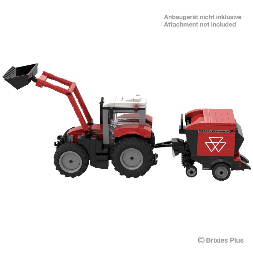 BRIXIES Plus Massey Ferguson 5S with front loader shown connected to a rear farm attachment, with the attachment marked as not included