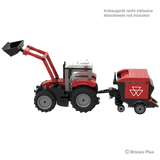 BRIXIES Plus Massey Ferguson 5S with front loader shown connected to a rear farm attachment, with the attachment marked as not included