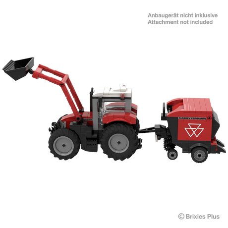 BRIXIES Plus Massey Ferguson 5S with front loader shown connected to a rear farm attachment, with the attachment marked as not included