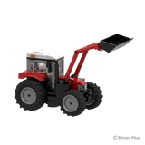 BRIXIES Plus Massey Ferguson 5S viewed from the side with the front loader bucket raised high above the red tractor body